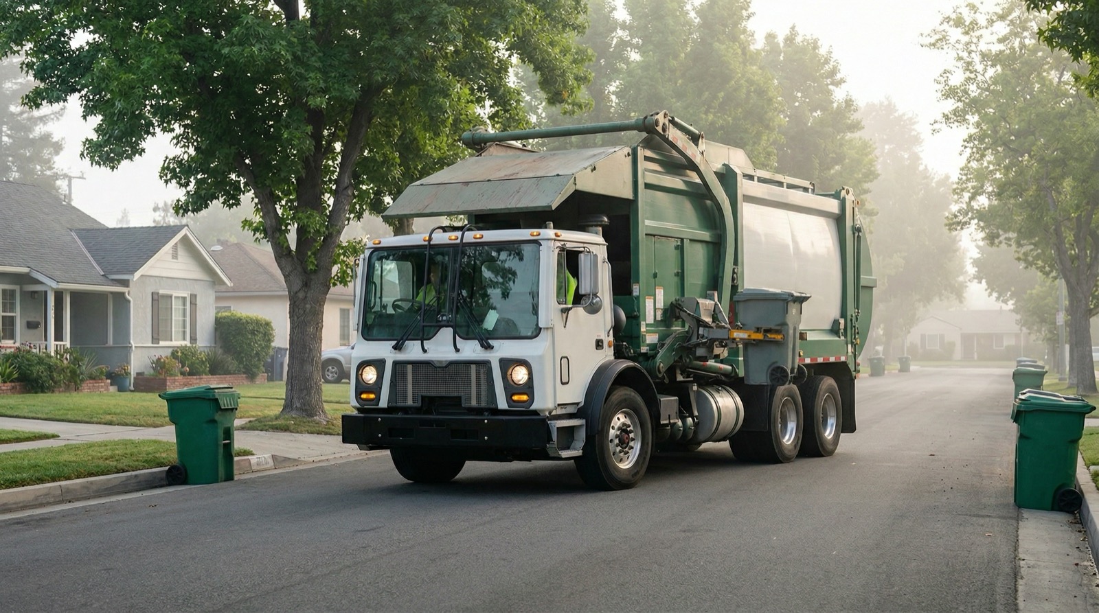 Refuse truck on a residential collection route